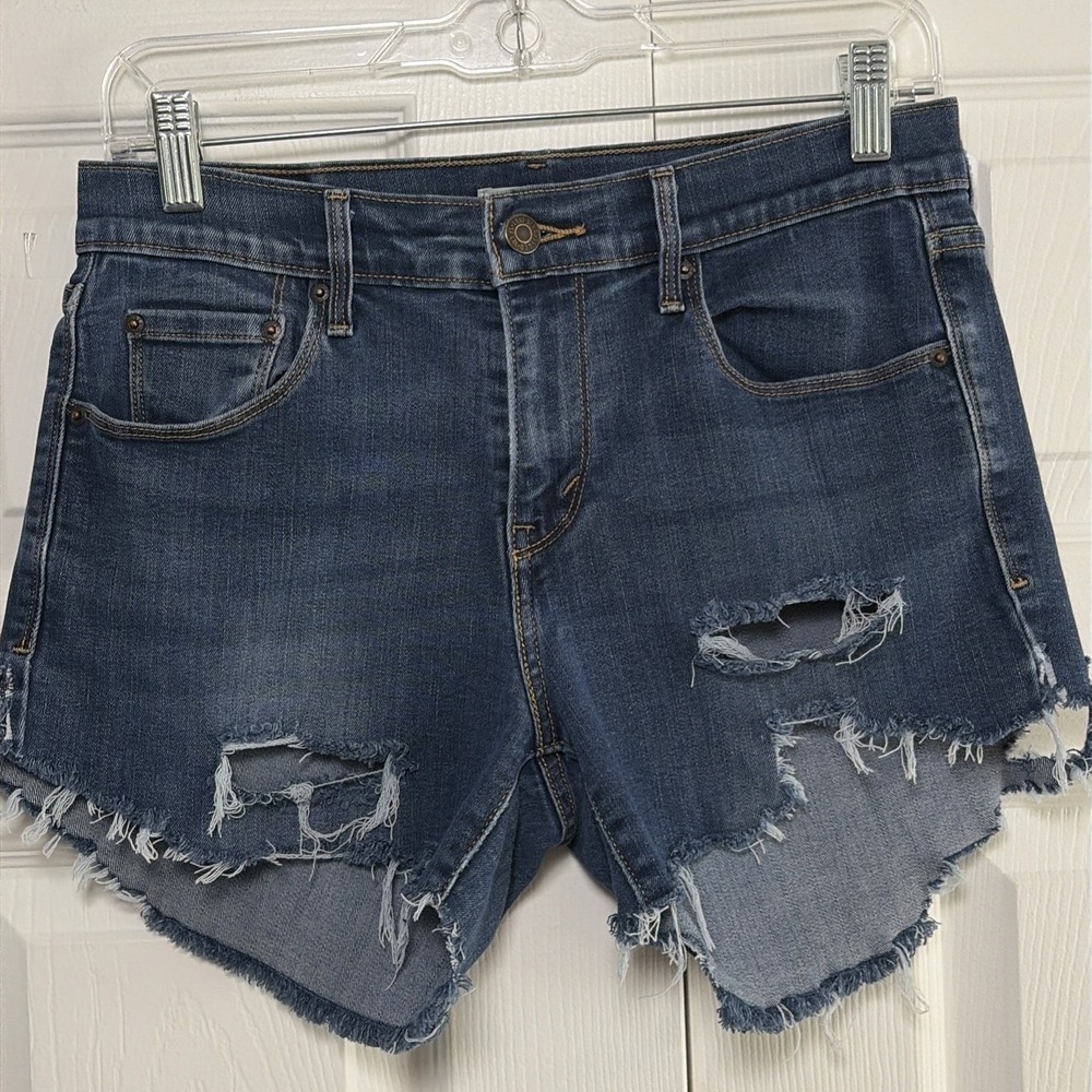 Levis 505 Straight Cut Off Shorts Womens 6 Blue Distressed Denim Frayed Cotton